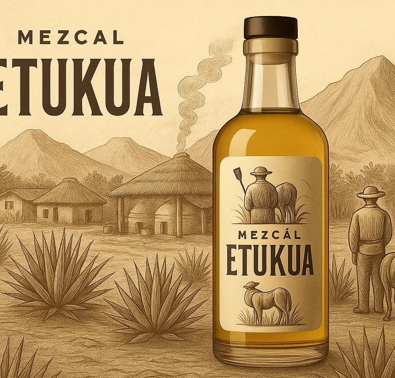 Vista de comunidad rural con palenques tradicionales y campos de agave