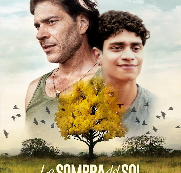 Movie poster for La Sombra del Sol featuring two men, a yellow tree, and award laurels.
