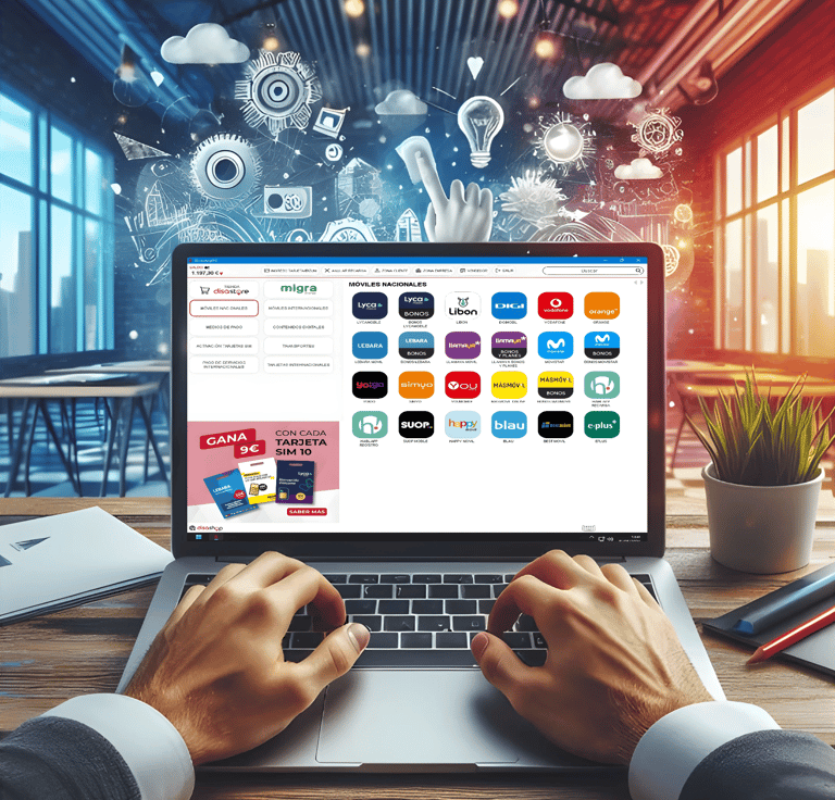 Imagen de una portátil con dos manos observando contenidos digitales