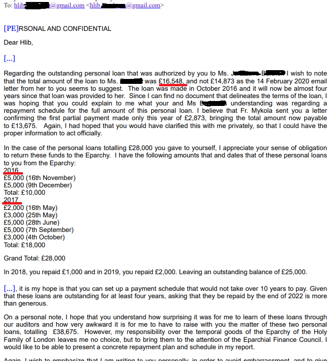 Лист Кенета Новаковського до владики Гліба Лончини відносно грошей що Гліб і Микола крали з Церкви .