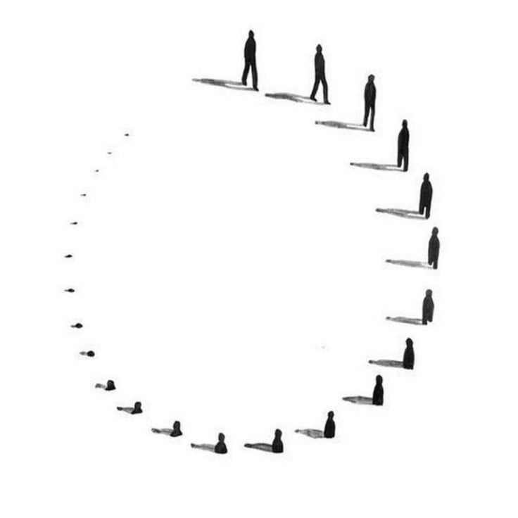People walking in a circular path symbolizing repeated life patterns, habits, and behavioral cycles 