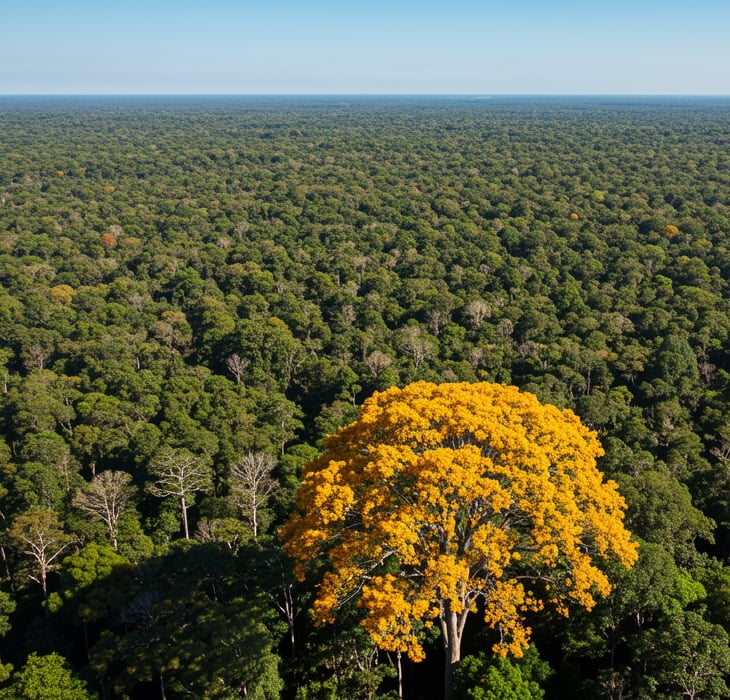 Ipê amarelo florescendo em destaque em uma floresta verde, uma Estratégia de Narrativa de Marca