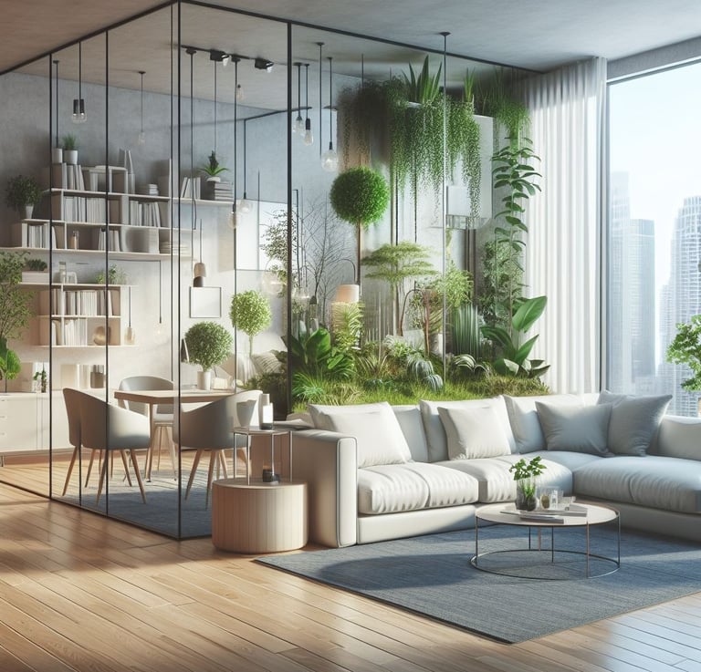 soggiorno con cucina a vista separata da panneli di vetro e tante piante ornamentali intorno