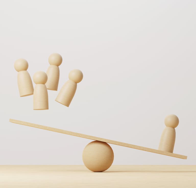 a wooden toy balancer with wooden pegs on top of a wooden balance beam