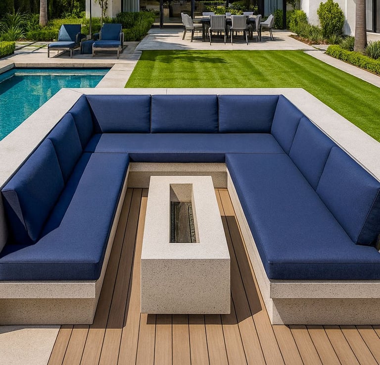 Elegant navy sectional by Solo Home Decor in a luxury backyard with pool, modern fire pit, and lush landscaping.
