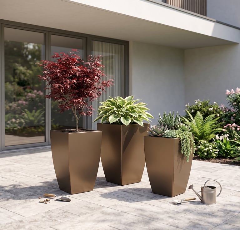 Macetas de fibra de vidrio con plantas ornamentales en terraza exterior