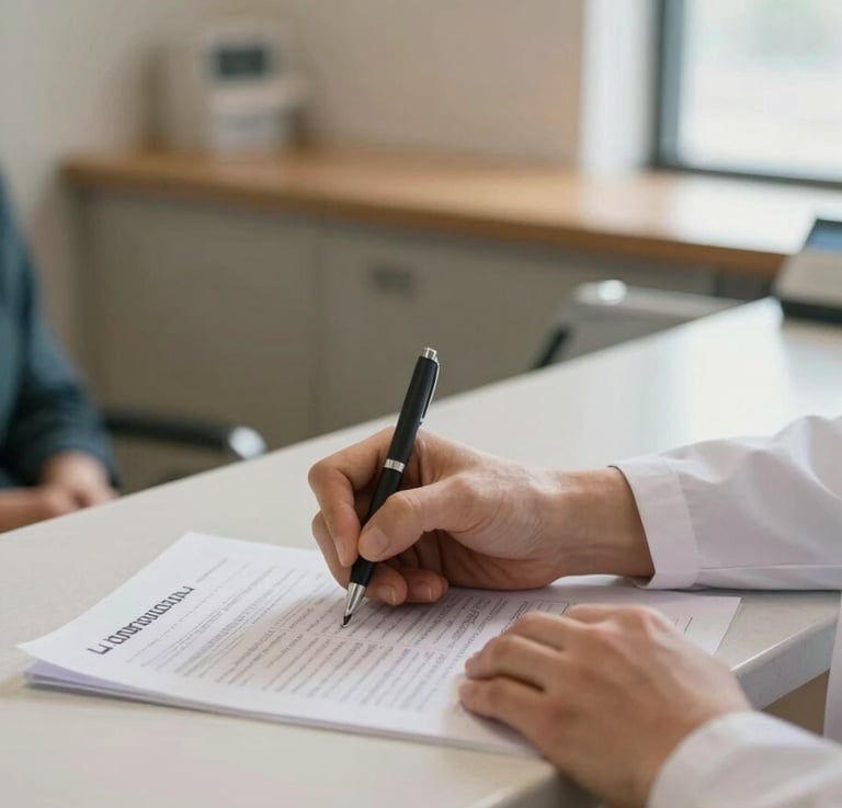 Close-up of a healthcare professional's hands mid-sign at a clinic reception desk, patient paperwork visible on the counter, warm window light from the right, shallow depth of field with the waiting area softly blurred behind