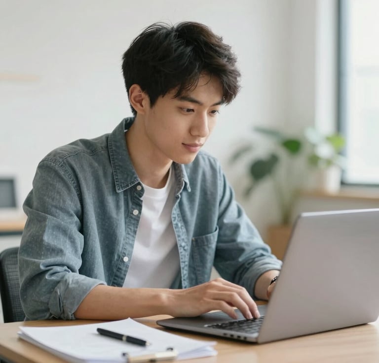 A small business owner happily working on a laptop surrounded by marketing materials.