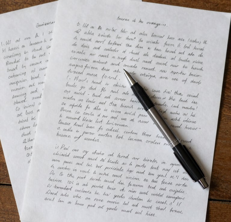 Close overhead flat-lay of manuscript pages covered in handwritten editing marks on a worn wooden desk, a single pen resting diagonally across the sheets, north-facing daylight falling softly from the left edge