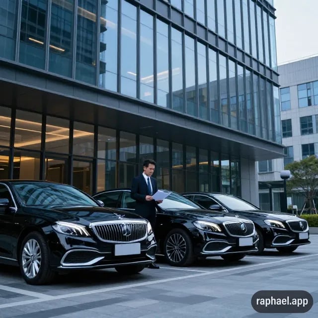 Alignement de voitures de société noires devant des bureaux,service gestion de flotte et logistique