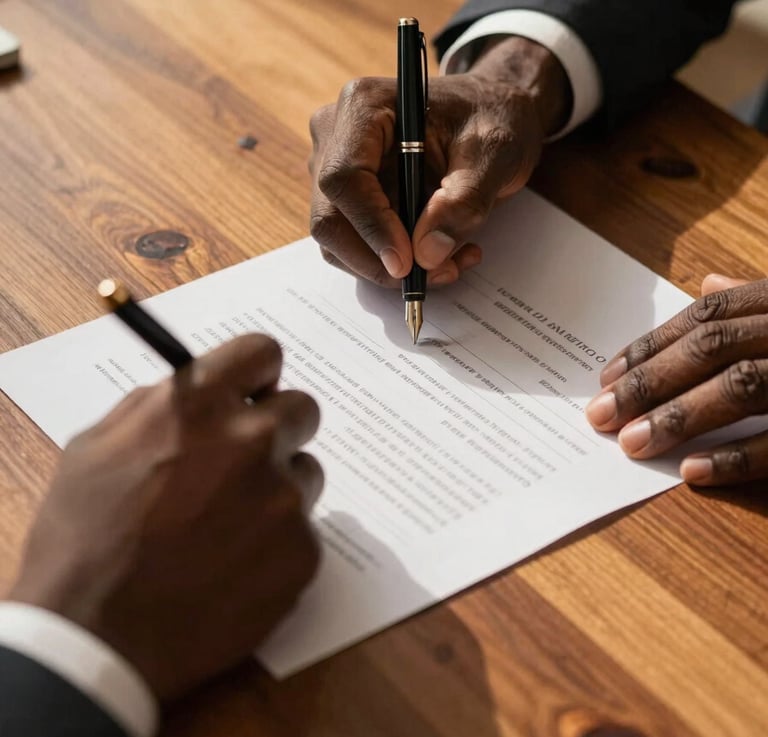 Close-up of hands signing an official land registry document on a heavy teak desk with a fountain pen, warm West African golden-hour light casting realistic shadows, professional legal atmosphere.