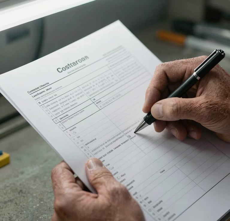 Extreme close-up of weathered hands holding a printed job cost sheet under fluorescent work lighting, a pen marking a labor line item, concrete floor visible below, raw industrial setting