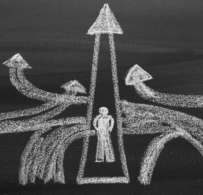 a chalkboard drawing of a man standing in front of a chalkboard
