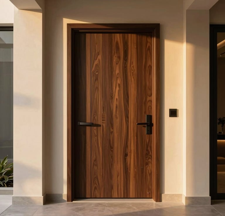 Straight-on architectural elevation of a modern dark-wood WPC door installed in a luxury Saudi villa hallway, warm golden-hour light casting soft shadows, minimalist interior design.