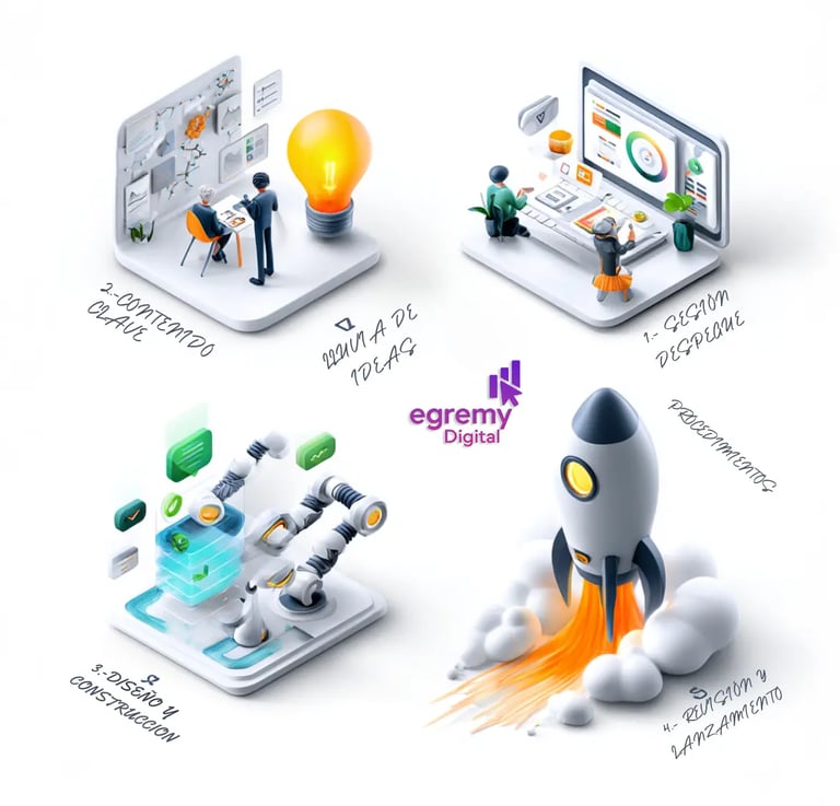 Infografía 3D con cinco fases de Egremy Digital: descubrimiento, lluvia de ideas, contenido clave, diseño y construcción, rev