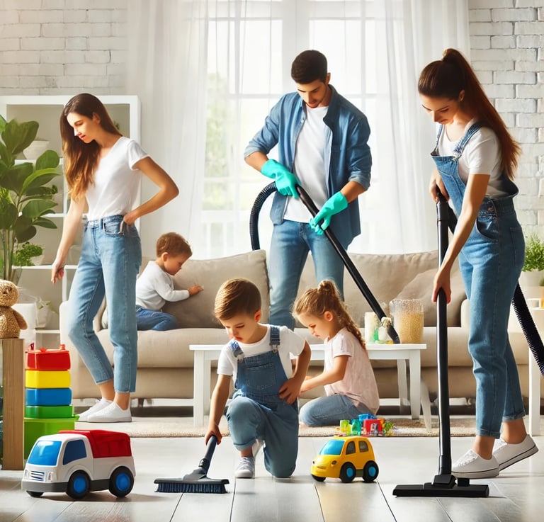 Famille réalisant ensemble le ménage dans le salon.