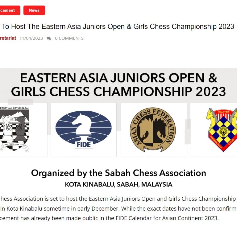 Sabah To Host The Eastern Asia Juniors Open & Girls Chess Championship 2023. Chess Clicks.