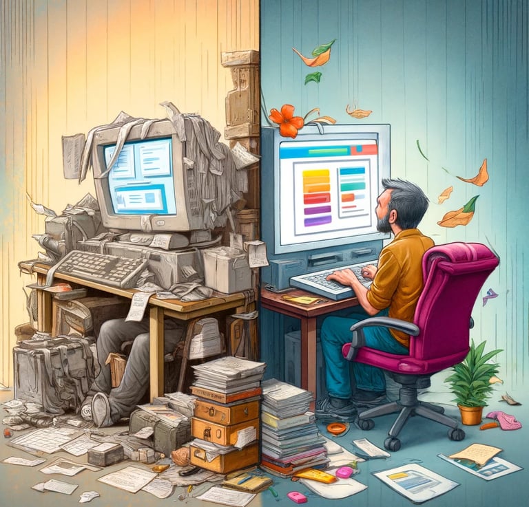 a man sitting at a desk with a computer monitor and a computer monitor