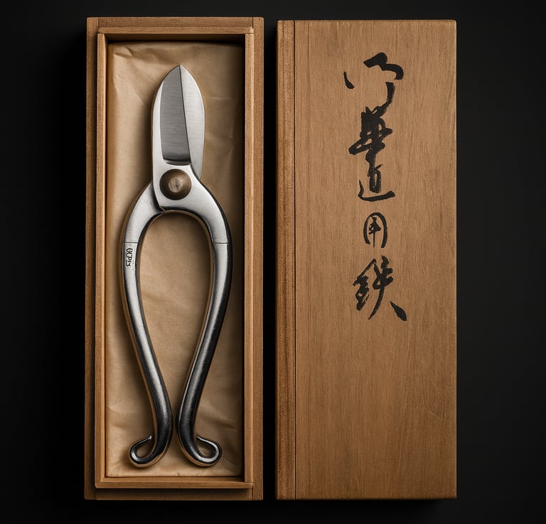 "Japanische Bonsaischere aus Edelstahl in hochwertiger Holzbox mit japanischer Kalligrafie auf dem D