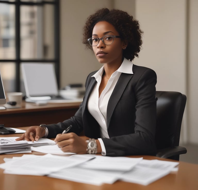 A friendly consultant assisting a family with planning documents at a cozy home office.