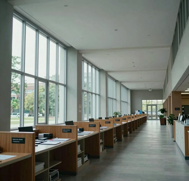 Wide panoramic view looking down a university administrative corridor, natural daylight falling through tall windows onto a row of registrar service counters and document filing shelves along the left wall, cool overcast light, documentary framing with generous negative space above