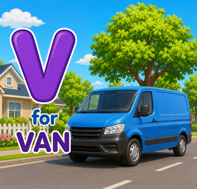 Letter V for Van educational flashcard featuring a blue cargo van on a suburban street.