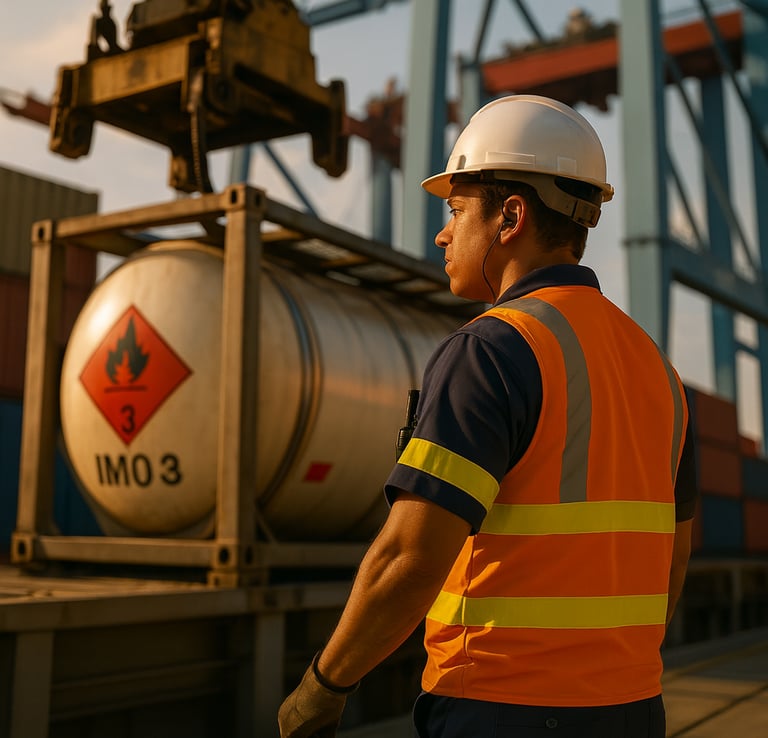 Um trabalhador portuário circulando próximo a um isotanque inflamável prestes a ser içado