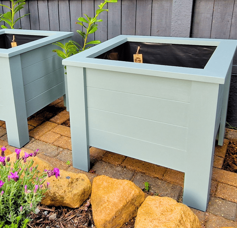 Versailles planter set wooden planters handmade in uk large square design on legs painted in farrow and ball blue c