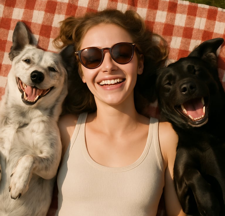 a woman laying on a blanket with two dogs