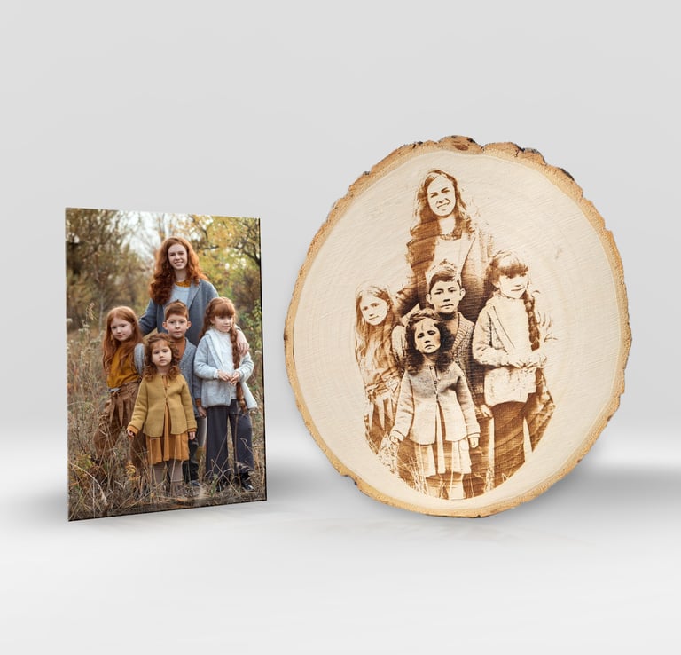 a family photo of a family of four children who is engraved on a piece of wood