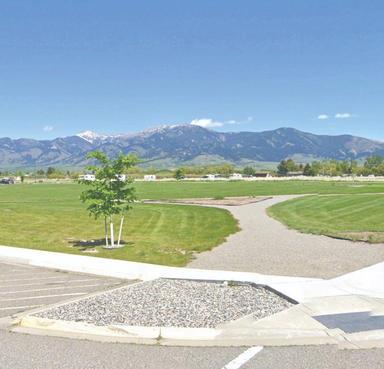 a van parked in a parking lot with mountains in the background
