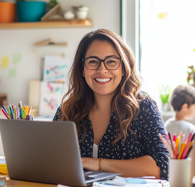 Mamá emprendedora sonríe frente a su laptop, representa creatividad, organización y trabajo desde casa con hijos.