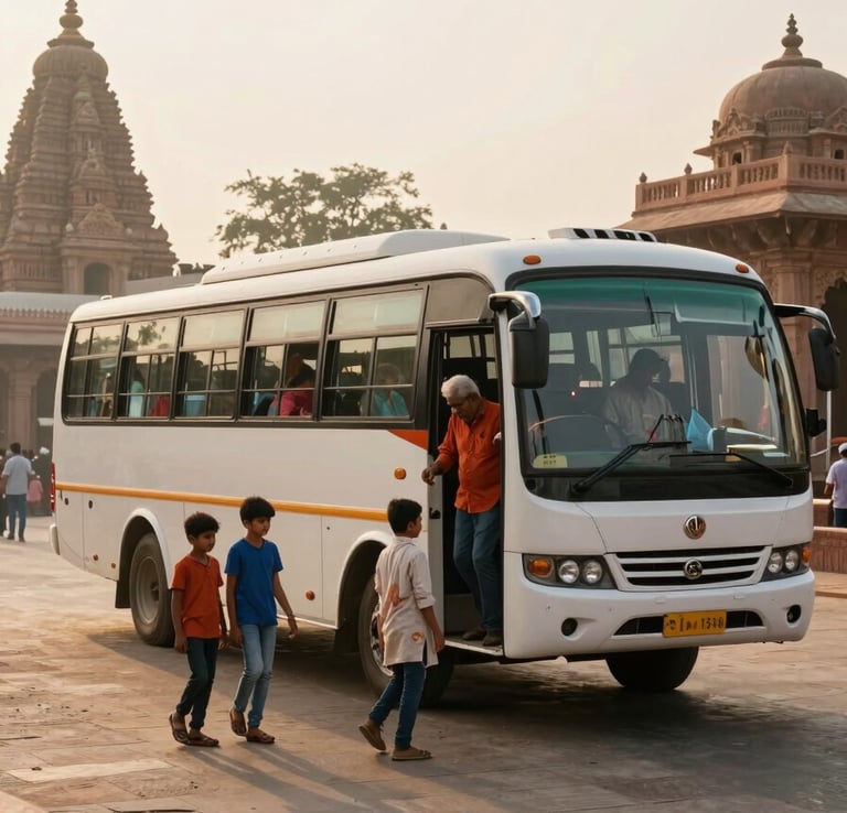 Environmental wide shot of a family group boarding a coach at a temple forecourt in northern India, morning light, children and elders visible, stone carvings in the background, warm golden-hour haze