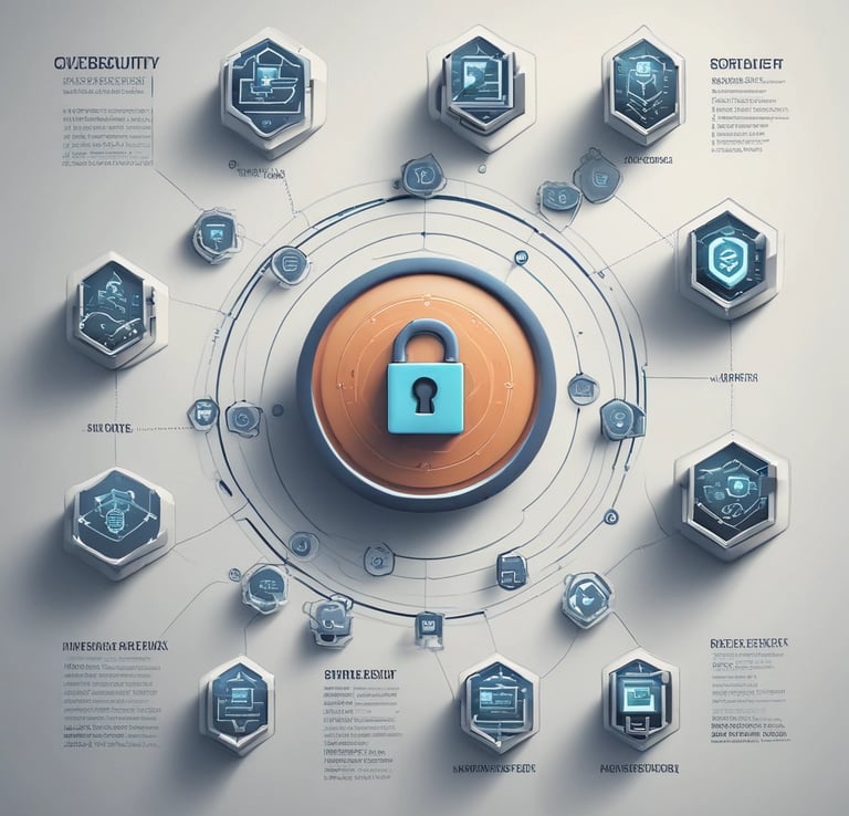 Cybersecurity infographic showing a blue padlock icon surrounded by network security nodes and data protection symbols.