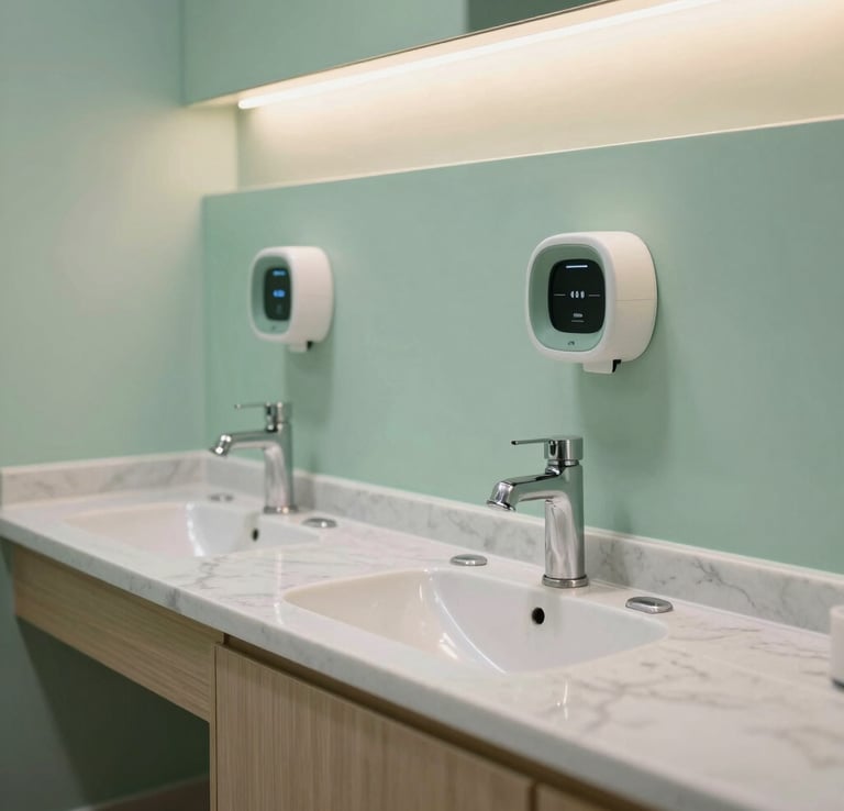 Photography of a modern corporate lactation room touchless sink and sterilization area in Hispanic / Corporate Latin America & Spain. Pastel light green accents, sleek marble counter, soft warm lighting.