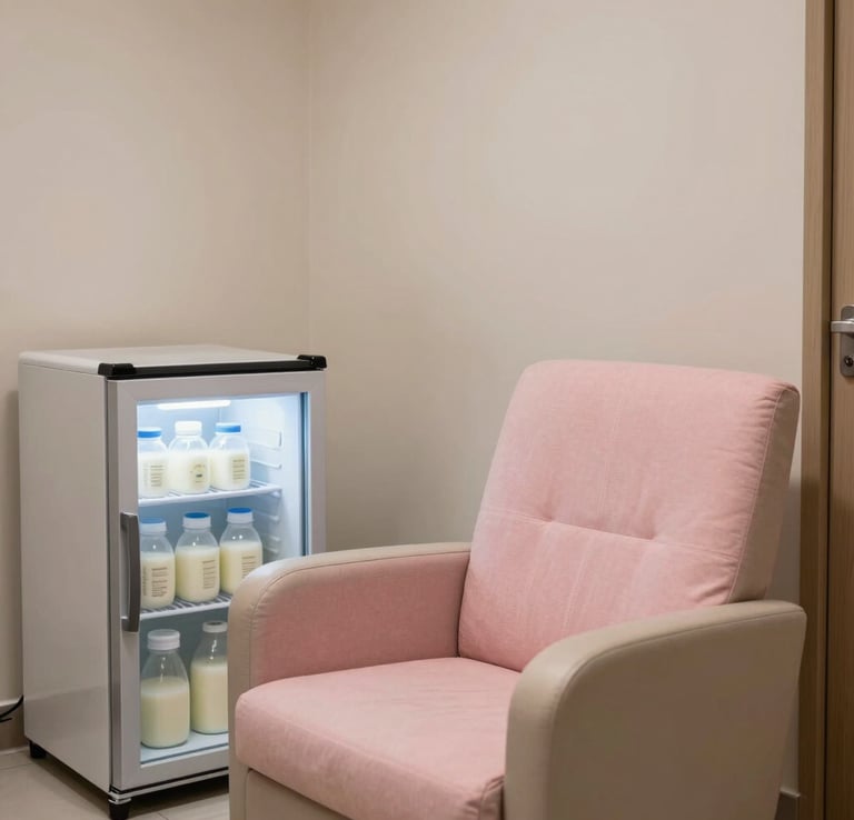 Photography of an upscale corporate lactation room detail in Hispanic / Corporate Latin America & Spain. Showing a quiet nursing armchair with a pastel pink cushion, small refrigerator for breast milk storage, and clean soft beige walls.