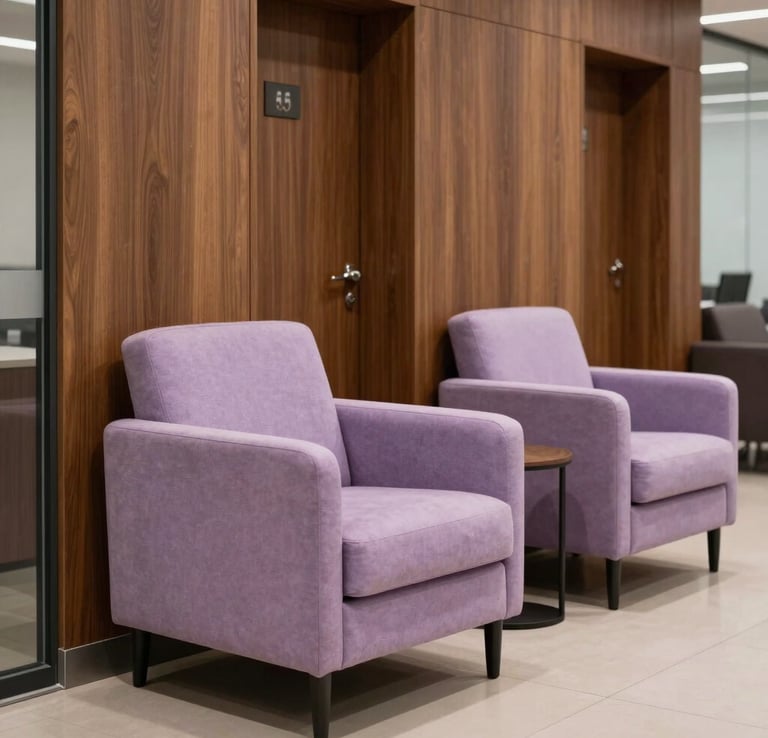 Photography of a stylish lounge area outside a corporate lactation room in a private firm in Hispanic / Corporate Latin America & Spain. Soft pastel lilac armchair, elegant corporate wood panels, tranquil atmosphere.