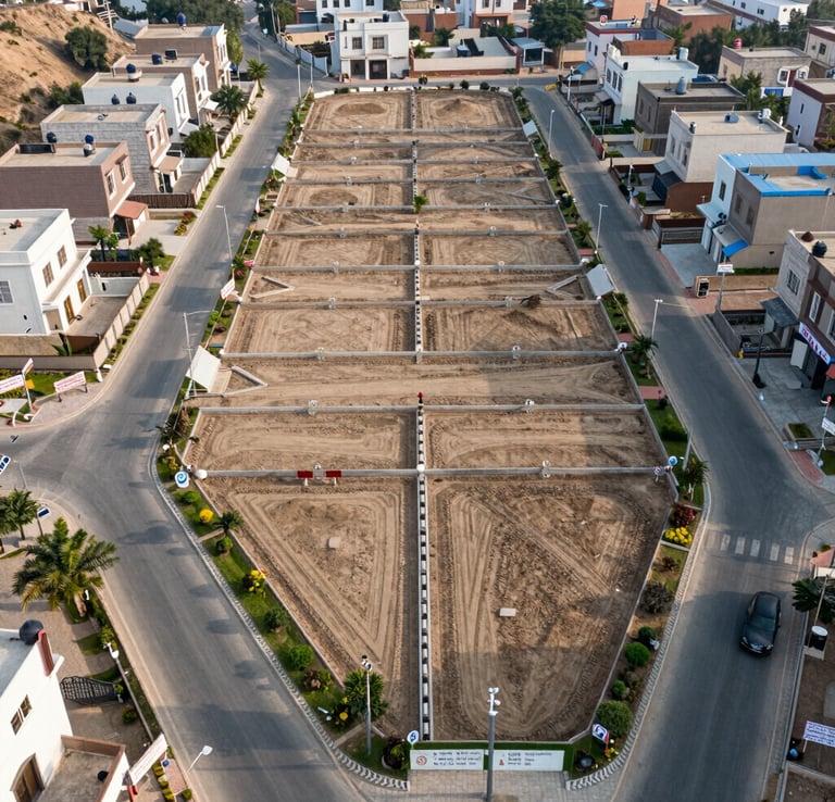 Plot of land with clear boundaries and green grass in a developing area.