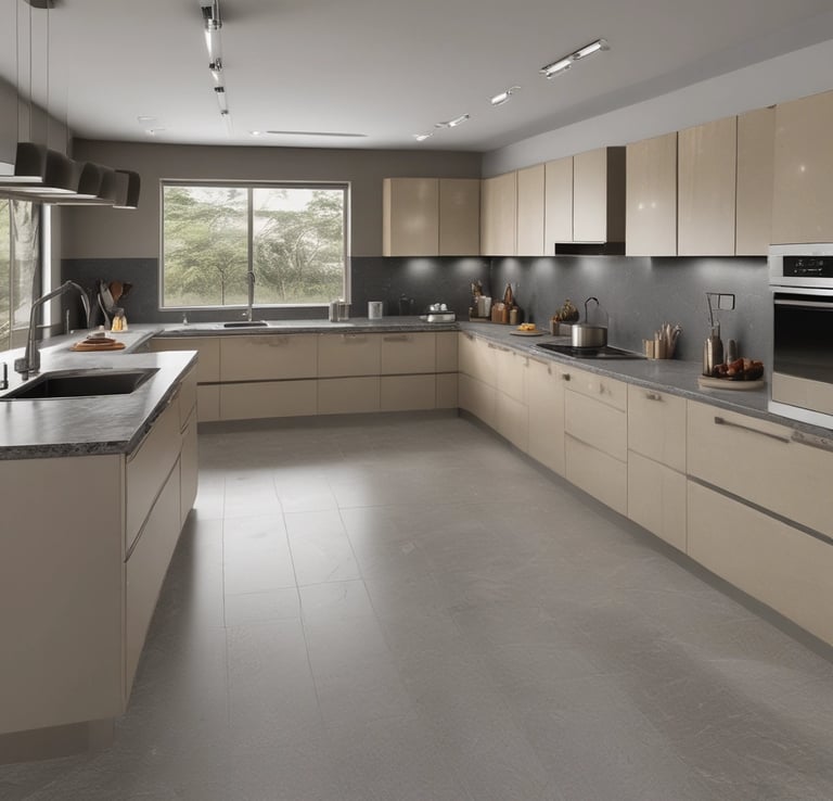 Modern kitchen cabinetry with sleek melamine finish in warm wood tones.