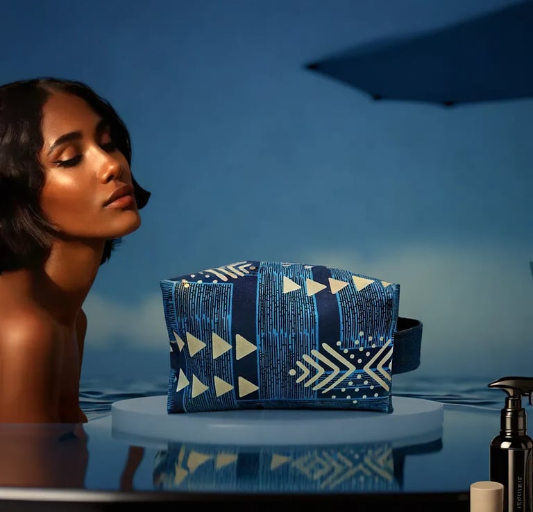 Trousse de toilette et maquillage en wax bleu à motifs africains écailles de poisson