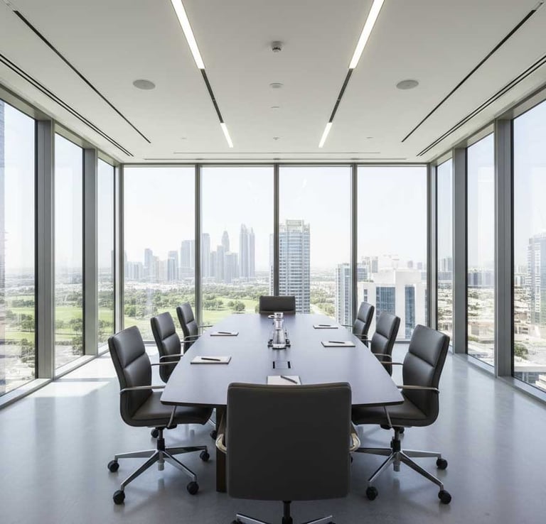 Modern Dubai boardroom with skyline and golf course view, representing institutional investors and strategic real estate deal