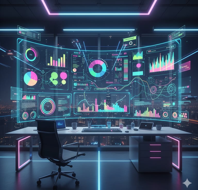 AI visualizing data using tools like Flourish & Visme in a futuristic workspace — HermetixAI Blog
