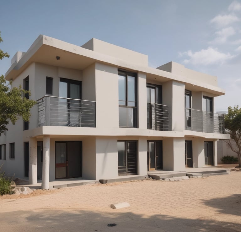 A luxurious residential area featuring a villa with a tile roof surrounded by palm trees and lush landscaping. In the background, a tranquil lake reflects the clear blue sky, and mountains rise up in the distance, creating a serene and picturesque setting.