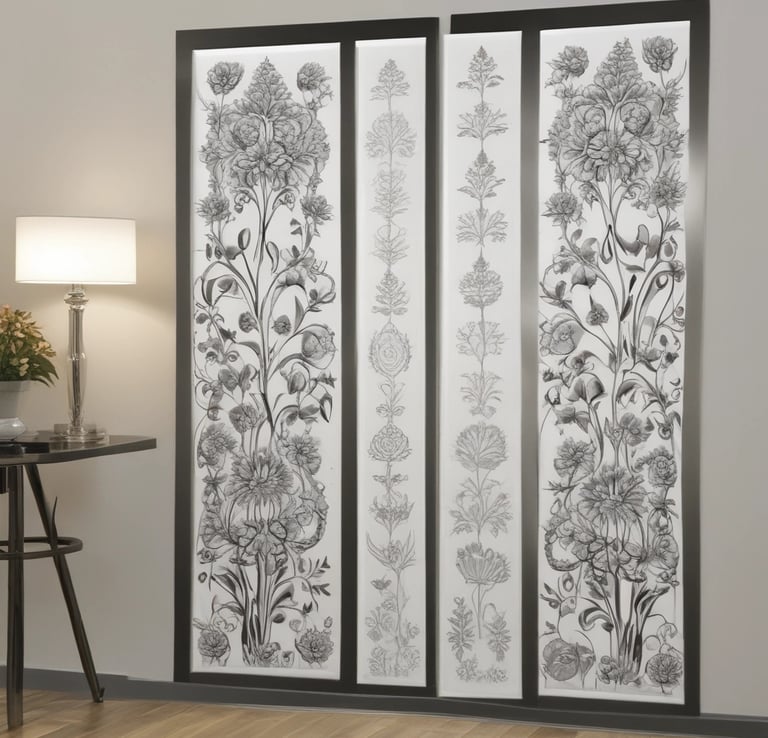 A cozy interior space features a variety of woven baskets hanging on a beige wall. The room includes a wooden pallet table with various decorative items such as textiles and ceramics. A small plant with green leaves is placed on the floor. Soft lighting and earthy tones create a warm and inviting atmosphere.