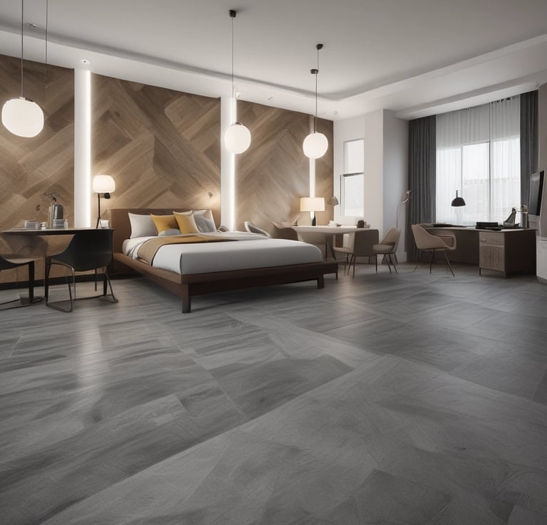 A cozy interior of a plant and pottery shop with wooden tables displaying an array of ceramic pots and lush green plants. The ceiling is adorned with hanging golden decorations, enhancing the warm and stylish decor. Shelves housing additional plants and decorative items line the walls, contributing to the inviting atmosphere.