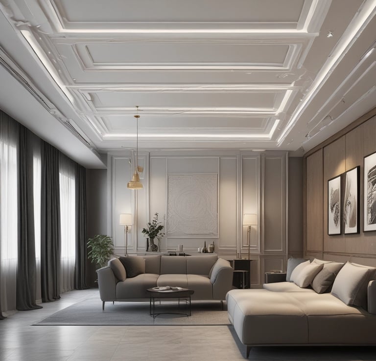 A cozy interior featuring a wooden counter with a decorative lamp. The counter displays various items, including a basket with a netting pattern, a transparent box with black sticks, and a glowing globe light. In the background, cardboard boxes are stacked against a wooden paneled wall.