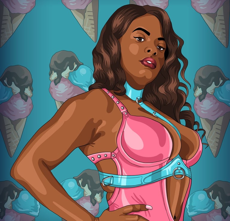 Custom made blue leather harness and restraints for kink, illustrated.