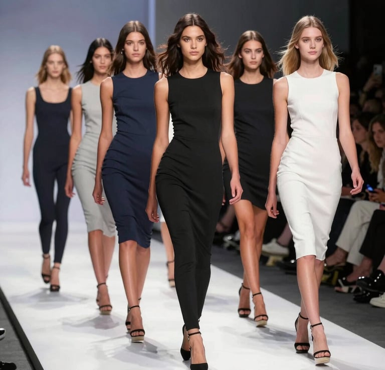 A group of models walking down a runway, with each wearing stylish outfits and high-heeled shoes. The models are arranged in a line, showcasing diverse fashion designs. The background includes a framed photo and spectators seated along the runway.