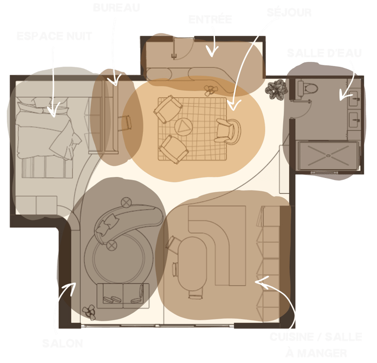 Plan d'un loft minimaliste, aux tons neutres et matériaux nobles