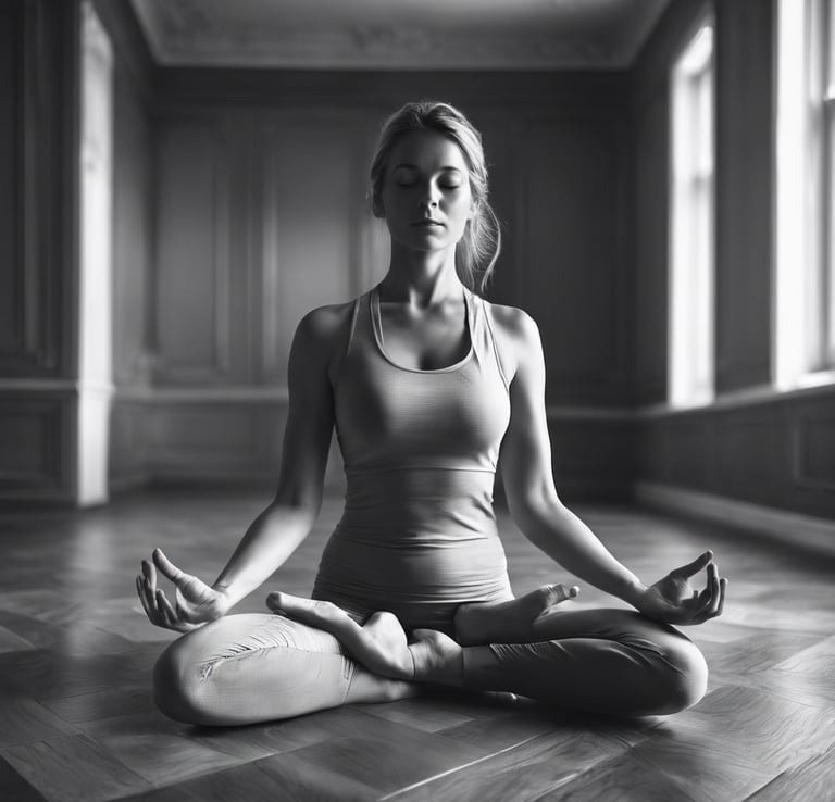 woman doing yoga meditation on brown parquet flooring